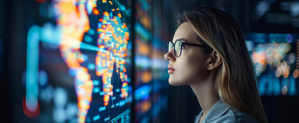 Female IT specialist analyzing data in information technology, data analysis, tech professional, IT solutions, system management