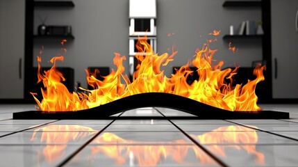   A cozy room featuring a fireplace centered on the floor and a bookshelf against the backdrop