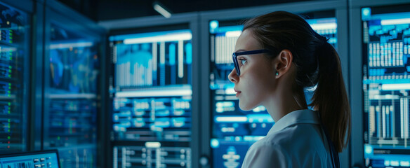 Female IT specialist analyzing data in information technology, data analysis, tech professional, IT solutions, system management