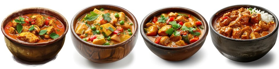 Four delicious bowls of varied stews, garnished with fresh herbs and vibrant vegetables, perfect for any culinary setting.
