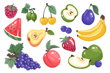 Set of fruits and berries isolated. Fresh juices fruits whole and  slices. Fruits stickers. Apple, cherry, pear, grape, strawberry, watermelon , banana, blueberry. Organic food. Vector illustration