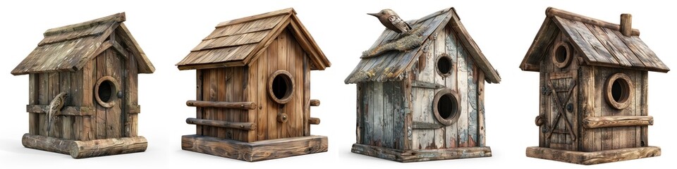 Four charming wooden birdhouses, each with unique designs, perfect for enhancing garden aesthetics and attracting feathered friends.