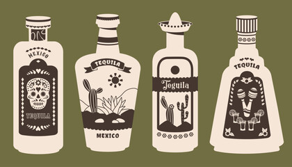 Tequila bottle set isolated. Mexico tequila with cactus, skull, agave, maracas, hat, vintage labels. Collection of Silhouette Glass bottles. Alcoholic beverages in retro style. Vector