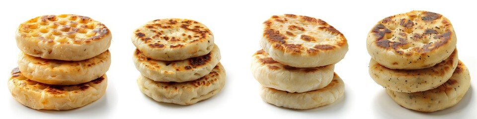 Freshly baked crumpets stacked artfully, showcasing their golden brown texture and unique shape, perfect for breakfast dishes.