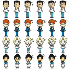 Illustrations of various facial expressions of people of various nationalities. Whole body.