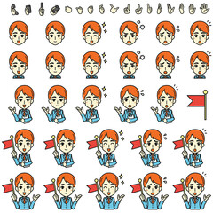 Illustration of a male guide holding a flag. Upper body.