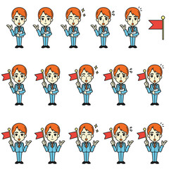 Illustration of a male guide holding a flag. Full body.