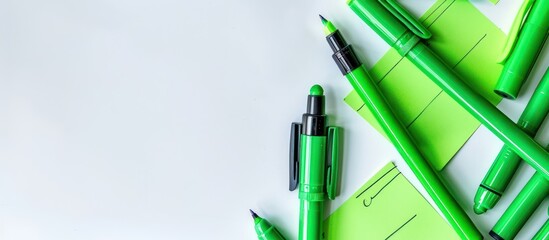 Clean and professional photo of bright green markers and sticky notes.