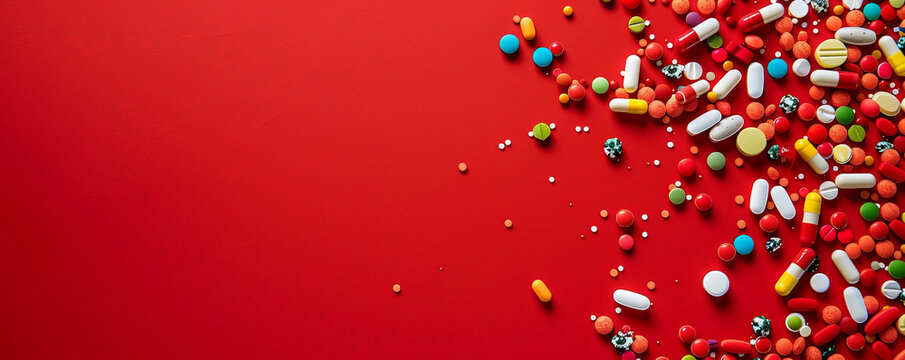 A scattering of different colored pills on a red background, with an empty space at the bottom for text. The bold red color adds a sense of urgency and attention to the image.