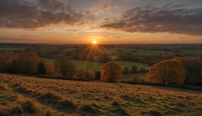 Sunset over open fields with trees and golden sky.