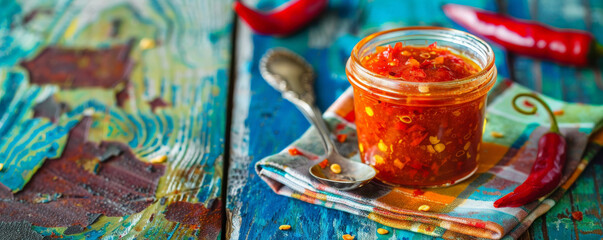 Spicy condiment in a jar on a napkin, with a chili pepper and a spoon nearby, displayed on a colorful background.
