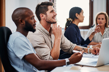 Meeting, attention and business people in office for press conference, online objectives or creative planning. Discussion, workshop and public relations team in seminar for ideas, audience and laptop