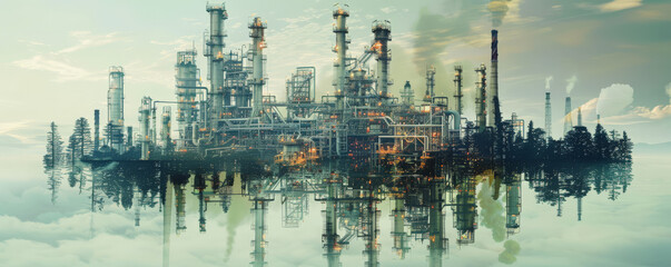 Naklejka premium Innovative double exposure of an oil refinery plant with a futuristic landscape featuring carbon capture and storage technologies. The combination highlights the advancements in reducing carbon