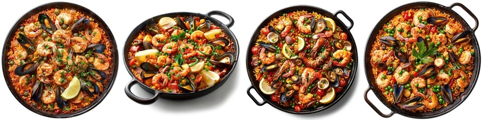 Vibrant seafood paellas filled with shrimp, mussels, and fresh vegetables, garnished with herbs and lemon slices, perfect for sharing.