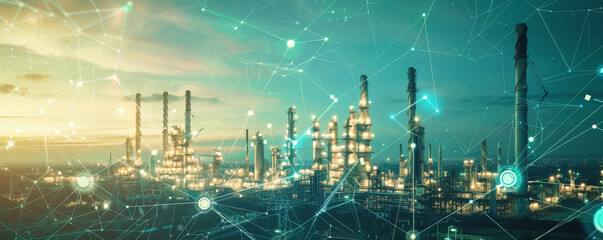An innovative double exposure of an oil refinery plant with a digital grid of smart energy solutions, including wind turbines, solar panels, and energy storage systems. The image symbolizes the fusion