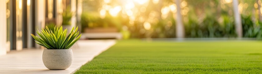 Naklejka premium A beautiful garden with a green lawn, harmoniously blending with nature