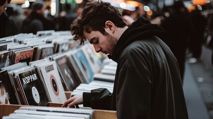Man browsing vinyl records in vintage record shop. Music retro shopping