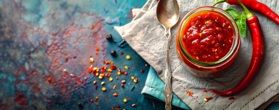 Spicy condiment in a glass jar on a napkin, with a red chili pepper and a spoon nearby, set on a vivid color background.