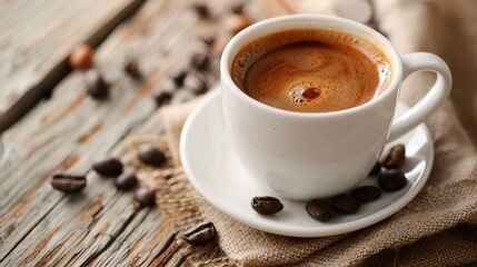   A coffee cup rests atop a plate atop a wooden table, surrounded by coffee beans