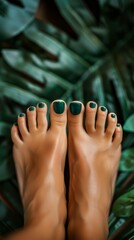 Top view of woman feet on green leafy plant background. Generative ai