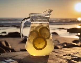 A steamy jug of lemonade with lemon slices stands on the beach on gold sand. Ocean with waves. Sea vacation. Food and drink background