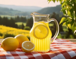 A steamy jug of lemonade with lemon slices, ice cubes and mint stands on a wooden table covered with a checkered tablecloth. Summer green landscape back. Food and drink background