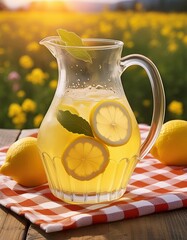 A steamy jug of lemonade with lemon slices, ice cubes and mint stands on a wooden table covered with a checkered tablecloth. Summer green landscape back. Food and drink background