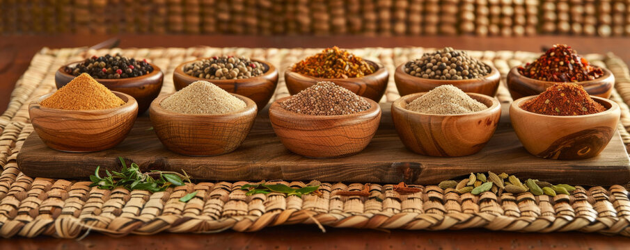 An array of spices in wooden and ceramic containers, arranged on a woven placemat.