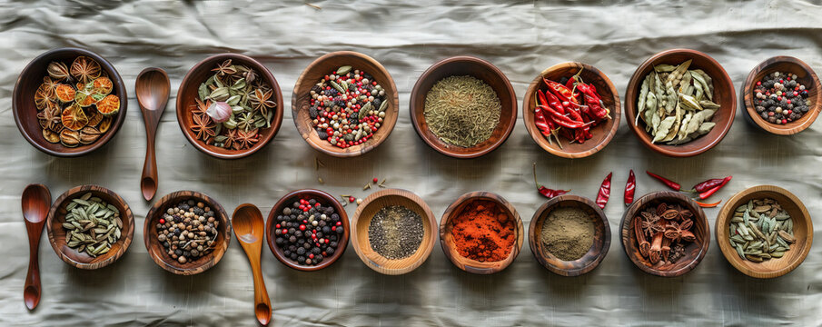 An array of spices in wooden bowls and spoons, artistically spread on a textured linen cloth.