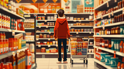 Fototapeta premium Young person standing in grocery store aisle, contemplating choices with shopping cart filled with various food items