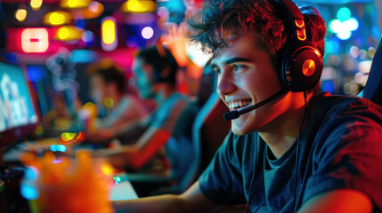Fototapeta premium Young man enjoying gaming in a vibrant esports arena, wearing a headset, surrounded by colorful lights and fellow gamers