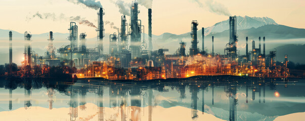Naklejka premium Innovative double exposure of an oil refinery plant with a futuristic landscape featuring carbon capture and storage technologies. The combination highlights the advancements in reducing carbon