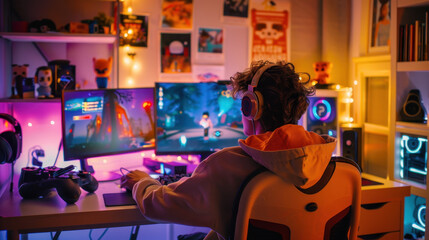 Teenage gamer engaged in multiplayer online game, colorful gaming setup with neon lights, detailed monitors, and gaming accessories