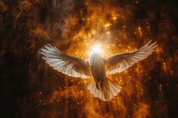 Obraz premium White dove symbolizes love and peace descending from heaven.