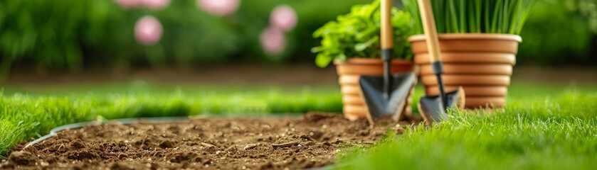 Lush garden with meticulously trimmed shrubs, gardening gear neatly organized nearby