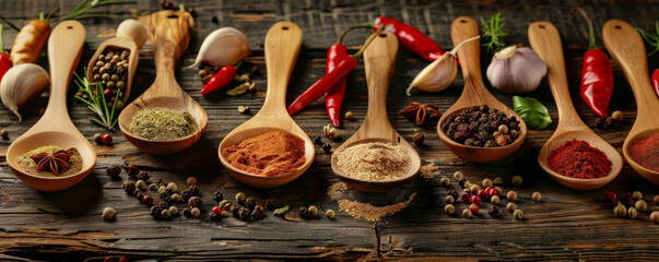 Various spices and cooking ingredients on wooden spoons, meticulously placed on a rustic cooking table, offering a feast for the eyes.