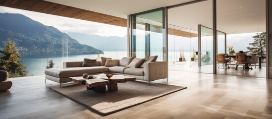 Fototapeta premium Modern Living Room with Stunning Lake View