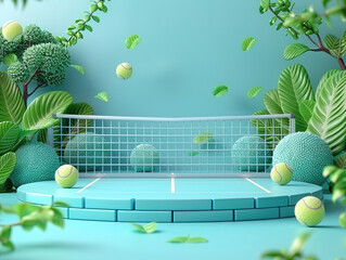 Creative sport layout made of podium and pink tennis balls on pastel pink background. Minimal 80's retro advertisement concept. Mock up showcase for product, promotion, sale or presentation.