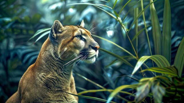 Majestic wild animal in natural habitat. Stunning close-up view of a puma in a lush, green jungle environment. Great for wildlife photography, nature background, or educational content. AI