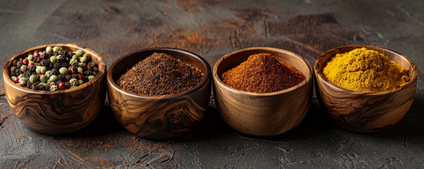 An assortment of ground spices in wooden bowls, showcasing a rich spectrum of earthy tones on a textured background.