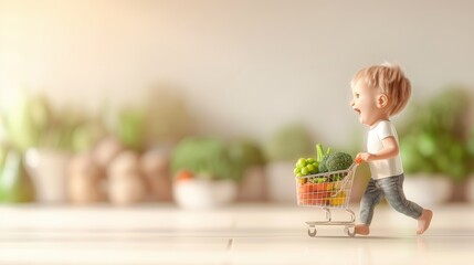 A young child is pushing a shopping cart full of vegetables