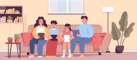 Family Enjoying Time Together on a Sofa Using Tablets