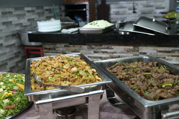 tray with beans meat healthy food buffet party