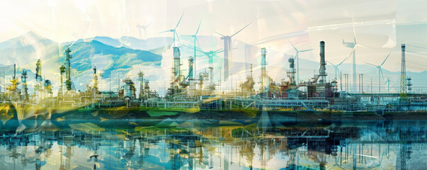Obraz premium Double exposure of an oil refinery plant and a thriving green landscape with hydroelectric dams and wind farms. The overlay showcases the harmonious coexistence of traditional and renewable energy