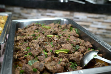 tray with beans meat healthy food buffet party