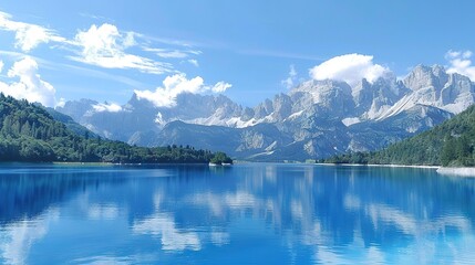 Naklejka premium A vast expanse of water stretches out into the distance, surrounded by majestic mountains on one side and lush forests on the other Scattered throughout the sky are a few fluffy