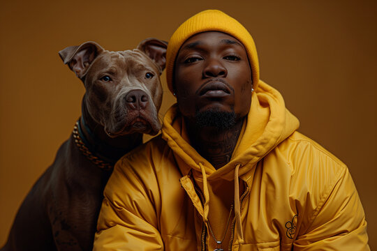 photo portrait homme avec chien Staffordshire bull terrier, v&ecirc;tements sport, surv&ecirc;tement, jaune, sweat &agrave; capuche, bonnet, rappeur, complicit&eacute;, studio, fond uni