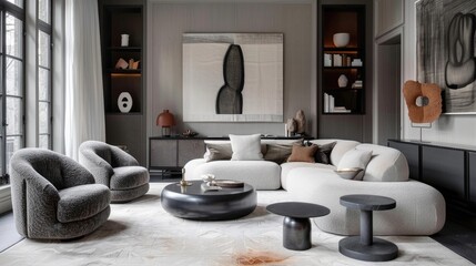 Modern grey living room with furniture and chic decor
