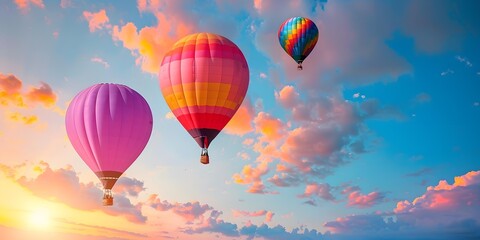 Fototapeta premium Colorful Hot Air Balloons Flying in the Sky at Sunset
