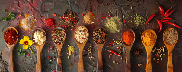 An array of colorful spices and ingredients on wooden spoons, artistically arranged on a cooking table, showcasing the richness of flavors.
